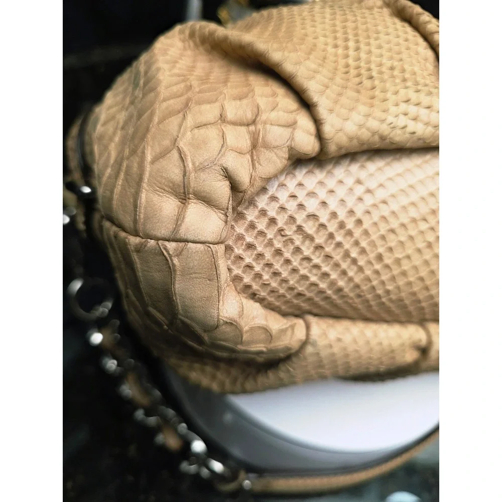 Coach Madison Sophia Satchel M Tan Python Embossed Leather Silver Chain Luxury